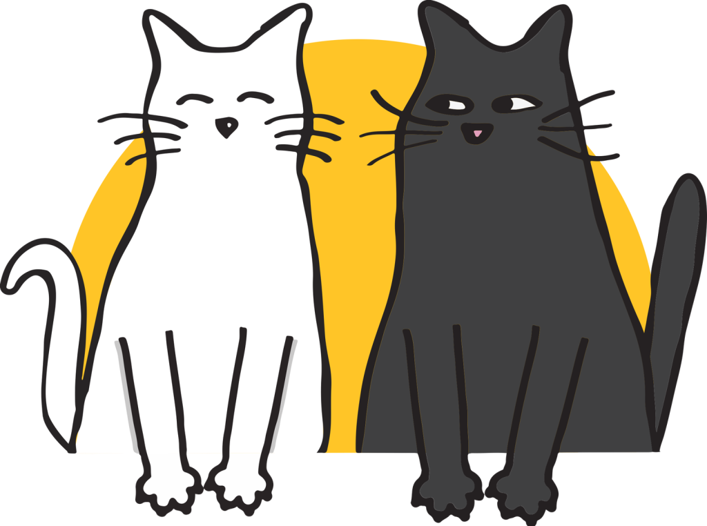Two cartoon cats, one white and one black, sitting in front of a yellow arch
