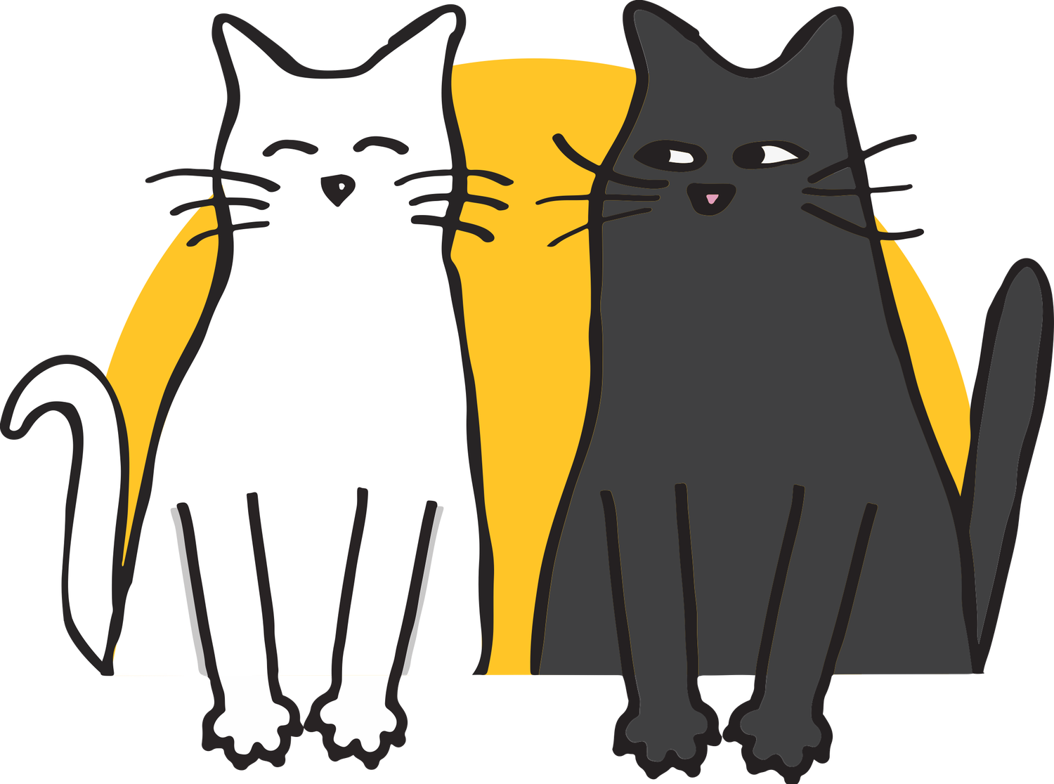 Two cartoon cats, one white and one black, sitting in front of a yellow arch